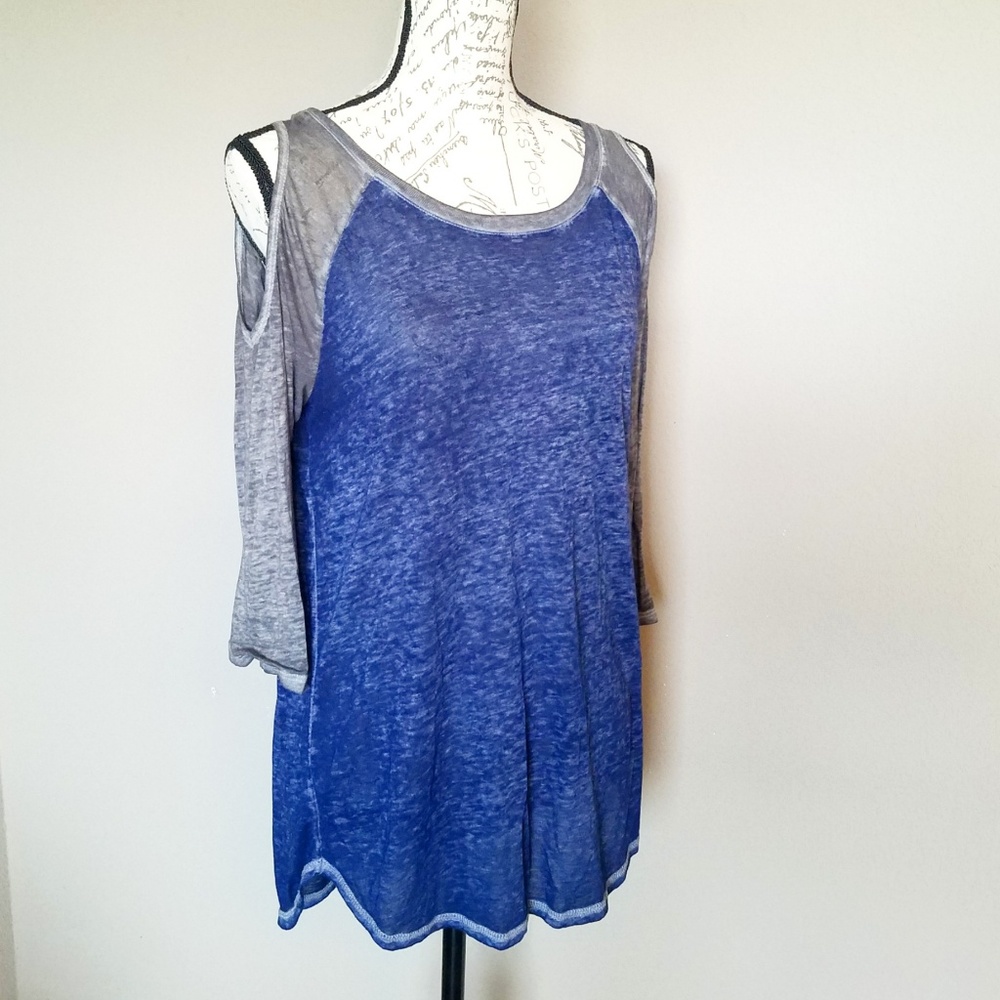 Blue & Gray Jersey Cold Shoulder Top